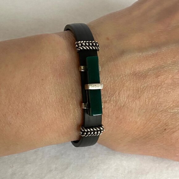 Sterling Silver 925 Rectangular Green Acrylic Black Banded Bracelet 7.5" - Picture 2 of 16